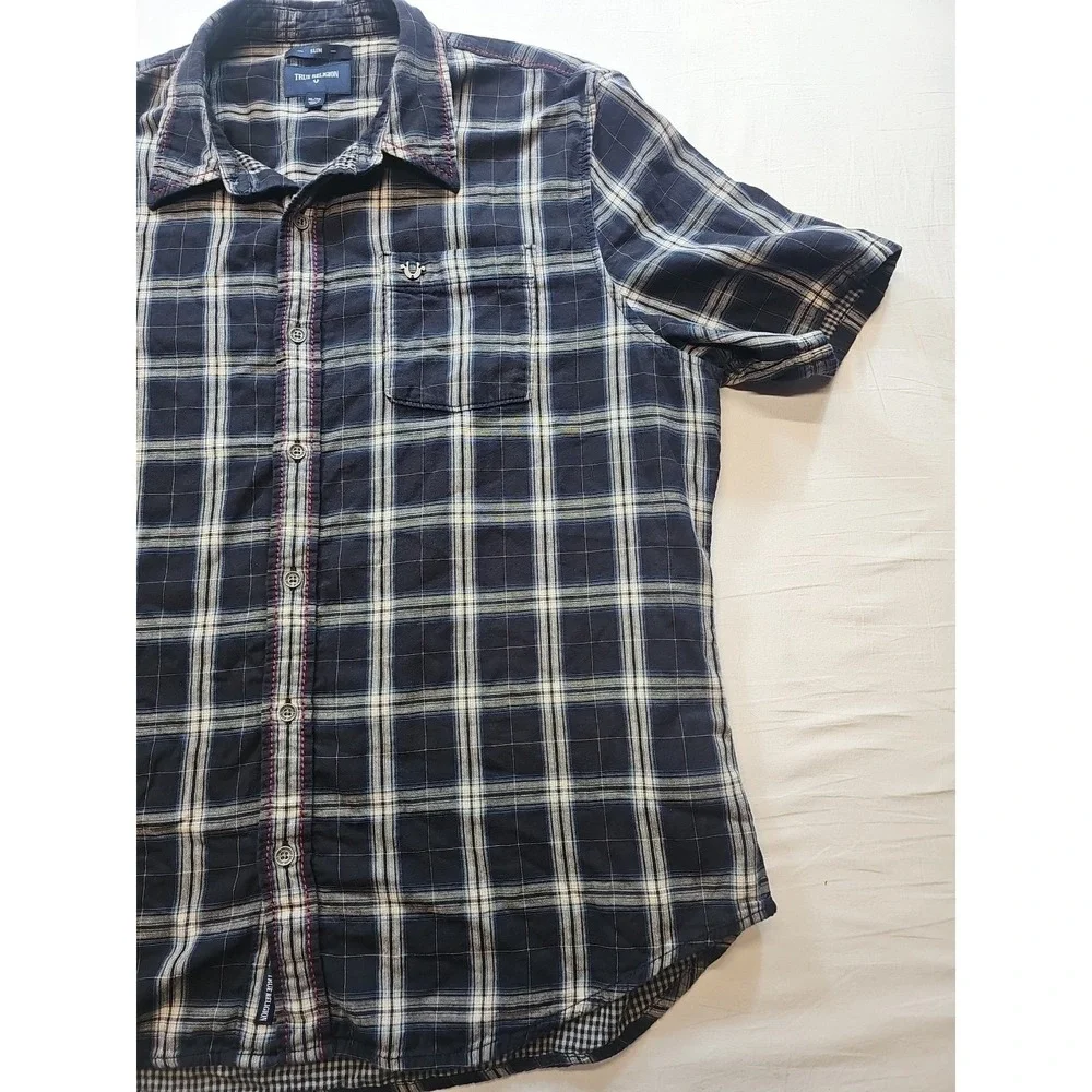 True Religion Mens Western Shirt  Slim Fit Size XL Plaid Dark Blue